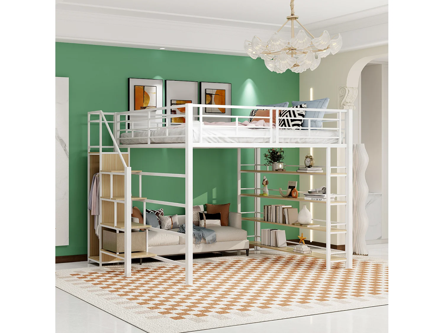 Lit mezzanine 140x200cm, lit enfant avec échelles et étagères de rangement et petite penderie, design haute clôture, blanc
