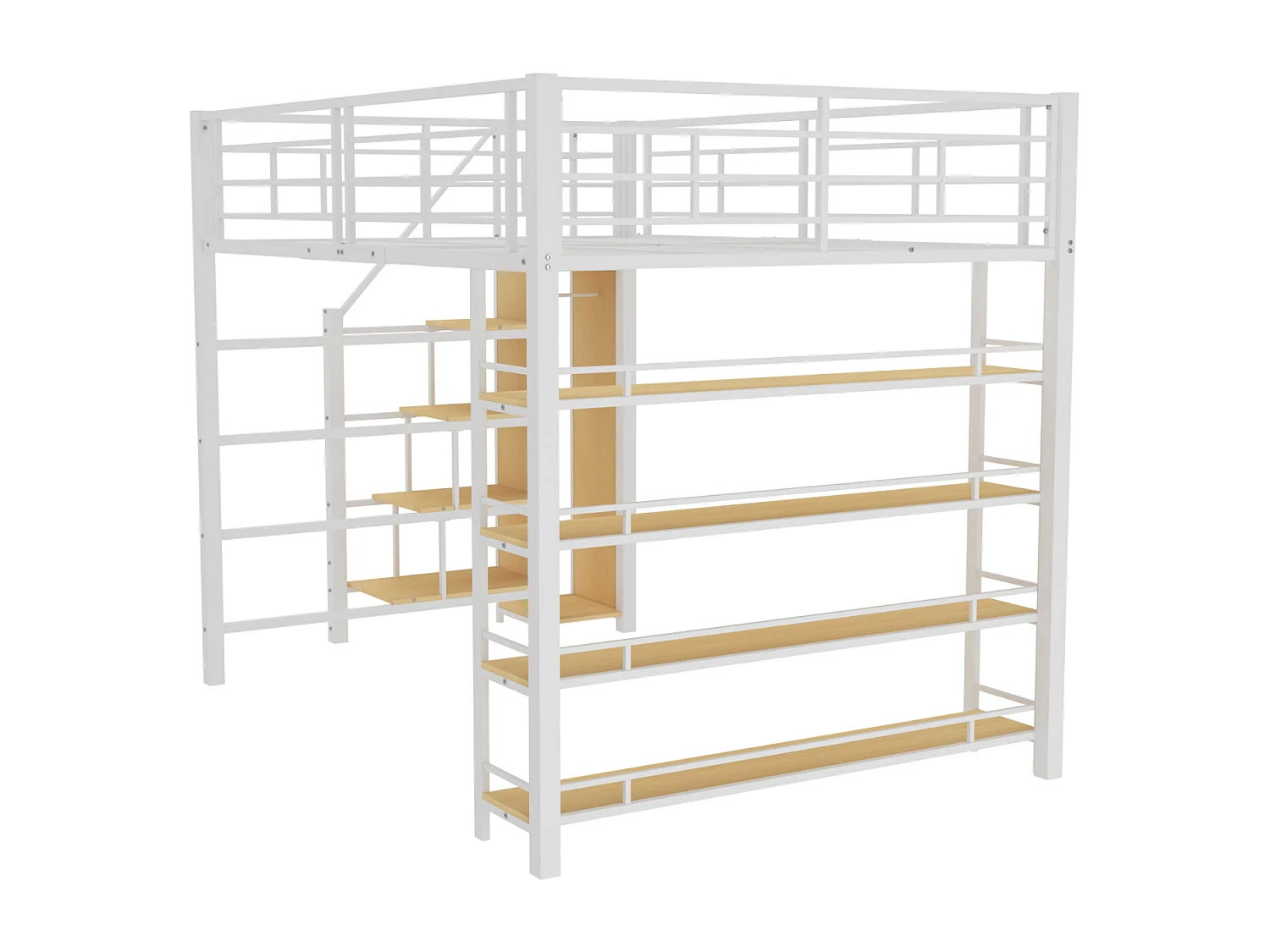 Lit mezzanine 140x200cm, lit enfant avec échelles et étagères de rangement et petite penderie, design haute clôture, blanc