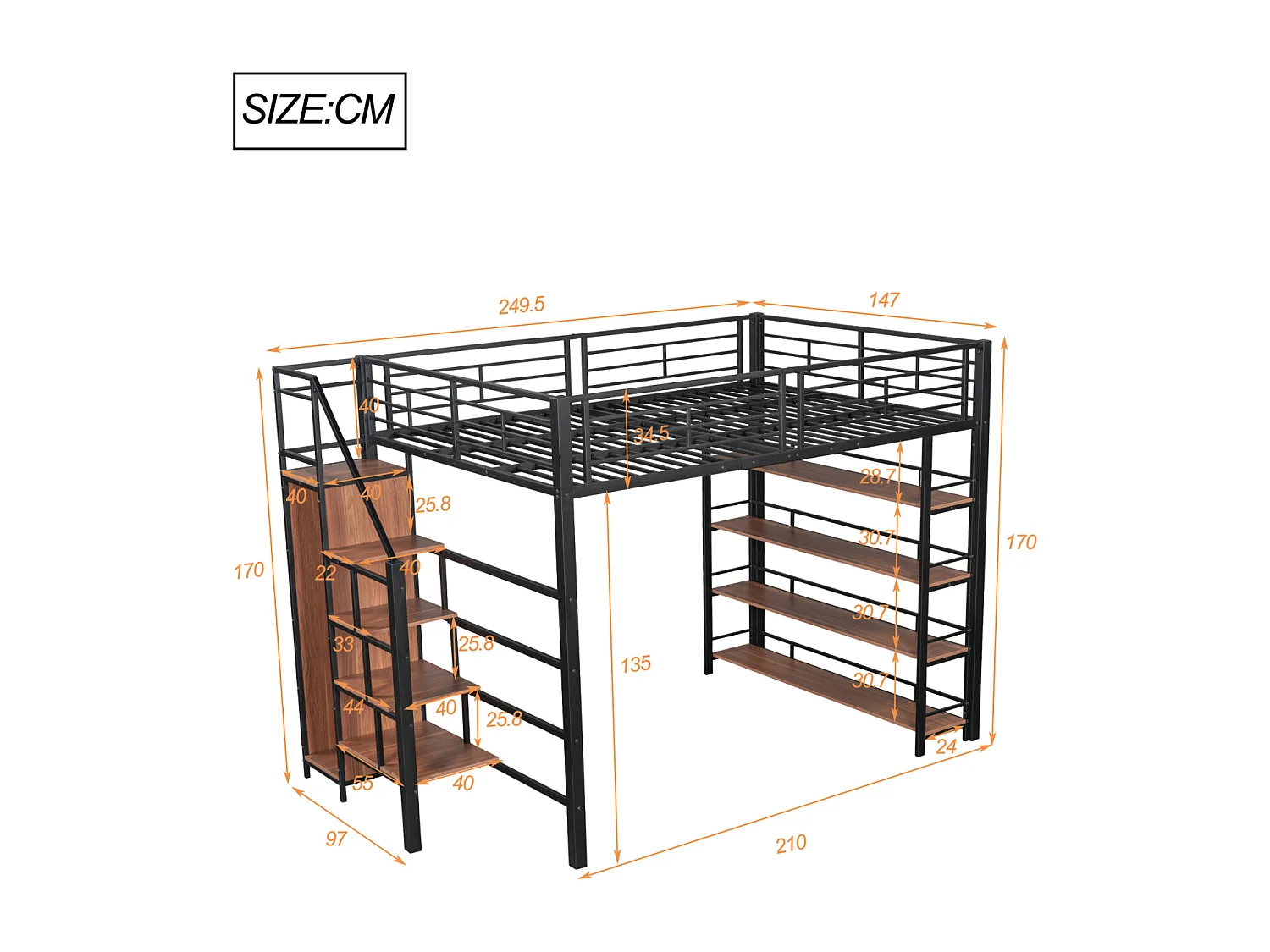 Hochbett 140x200cm, Kinderbett mit Leitern und Ablageflächen und kleinem Kleiderschrank, hohes Zaundesign, schwarz