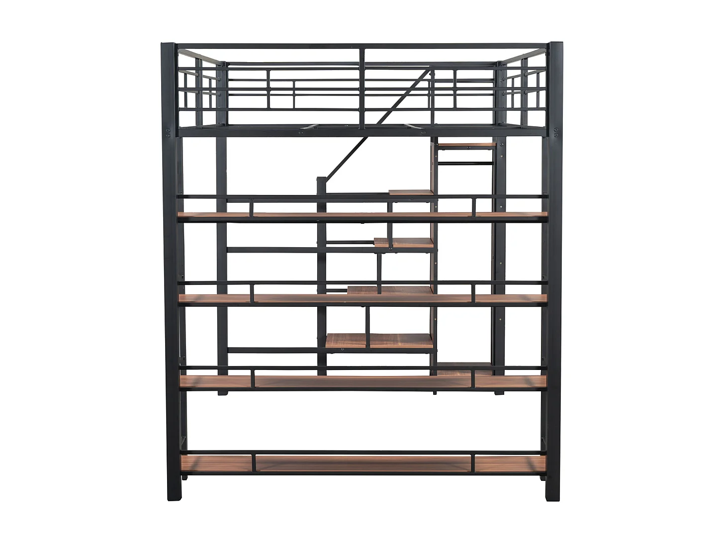 Hochbett 140x200cm, Kinderbett mit Leitern und Ablageflächen und kleinem Kleiderschrank, hohes Zaundesign, schwarz