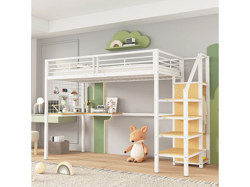 Letto a soppalco 90x200cm, letto per bambini con tavolo e armadio, scaletta laterale, acciaio + MDF, bianco