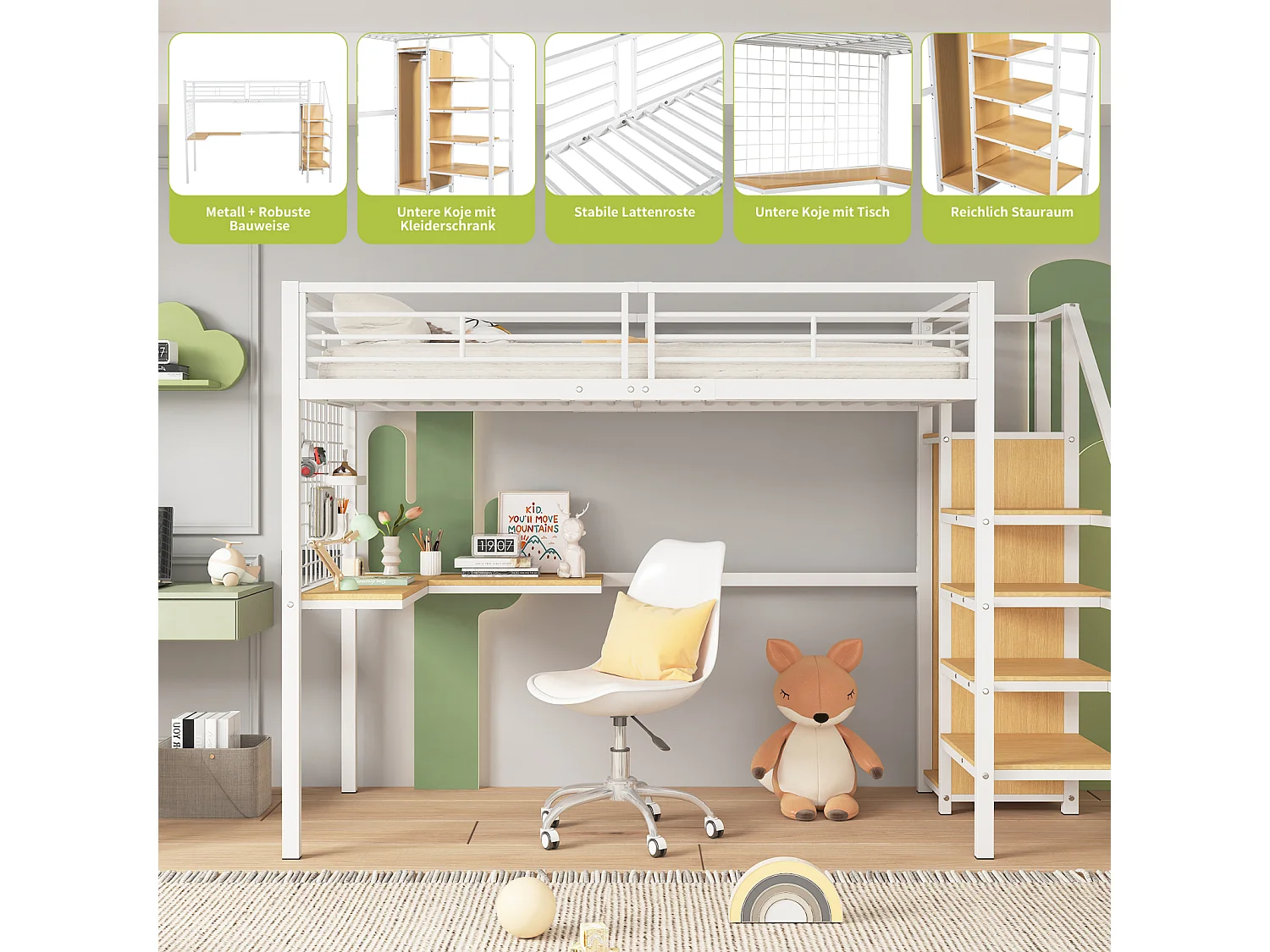 Letto a soppalco 90x200cm, letto per bambini con tavolo e armadio, scaletta laterale, acciaio + MDF, bianco