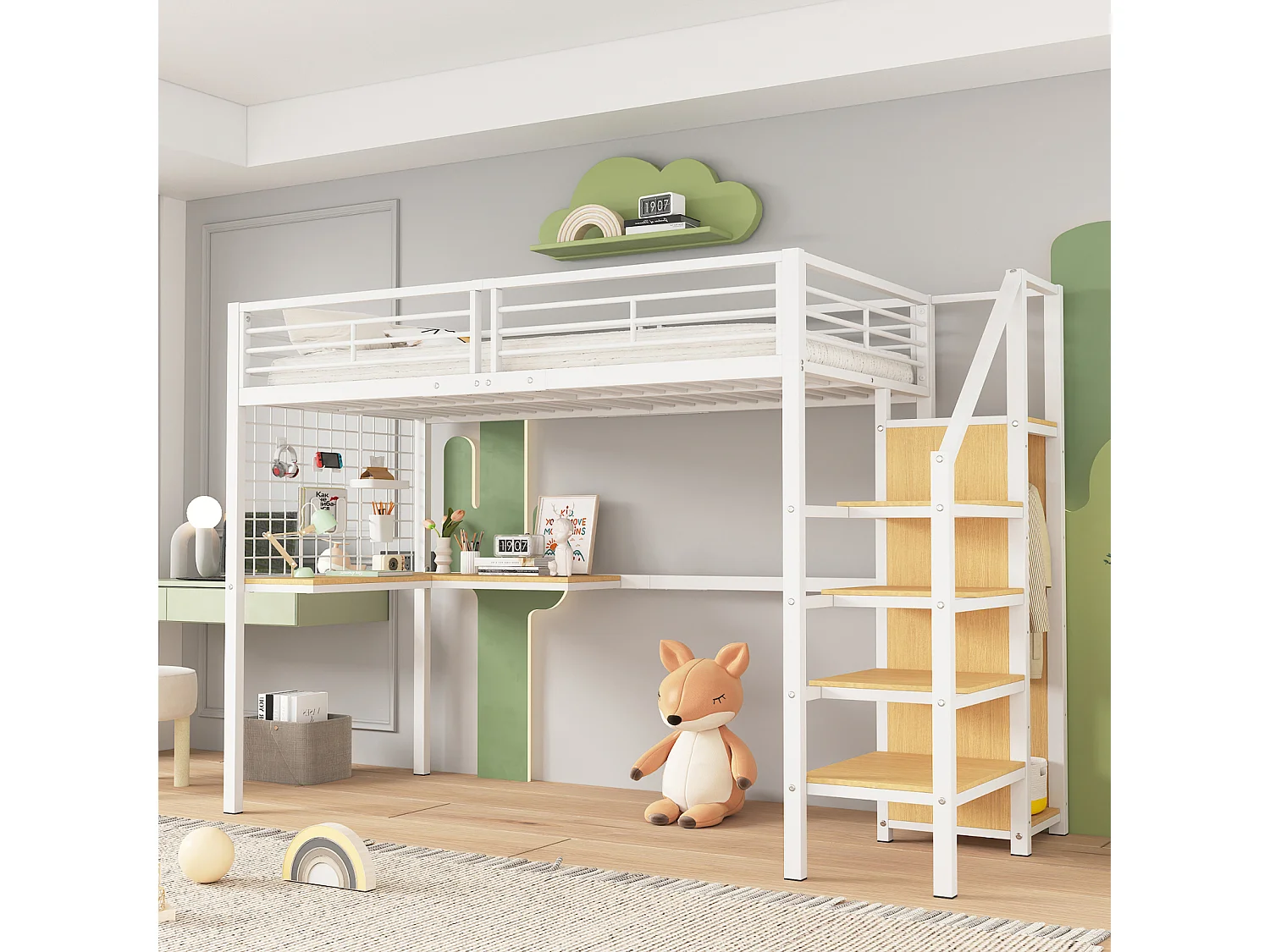 Letto a soppalco 90x200cm, letto per bambini con tavolo e armadio, scaletta laterale, acciaio + MDF, bianco