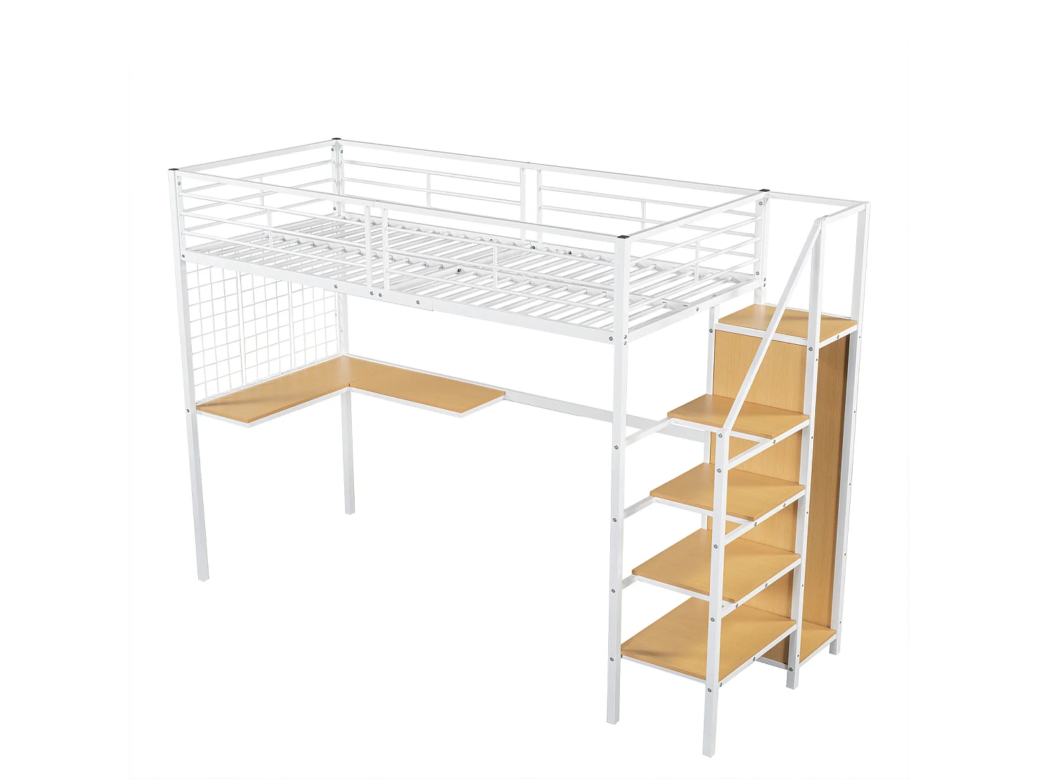 Letto a soppalco 90x200cm, letto per bambini con tavolo e armadio, scaletta laterale, acciaio + MDF, bianco