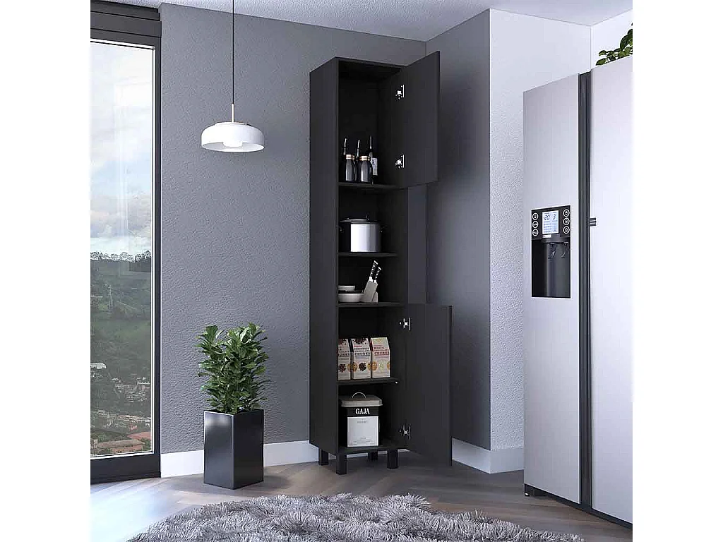 Dispensa da cucina Hobart in melamina con 2 ante e 5 ripiani , 202 X 40 X 34.5 cm , Nero