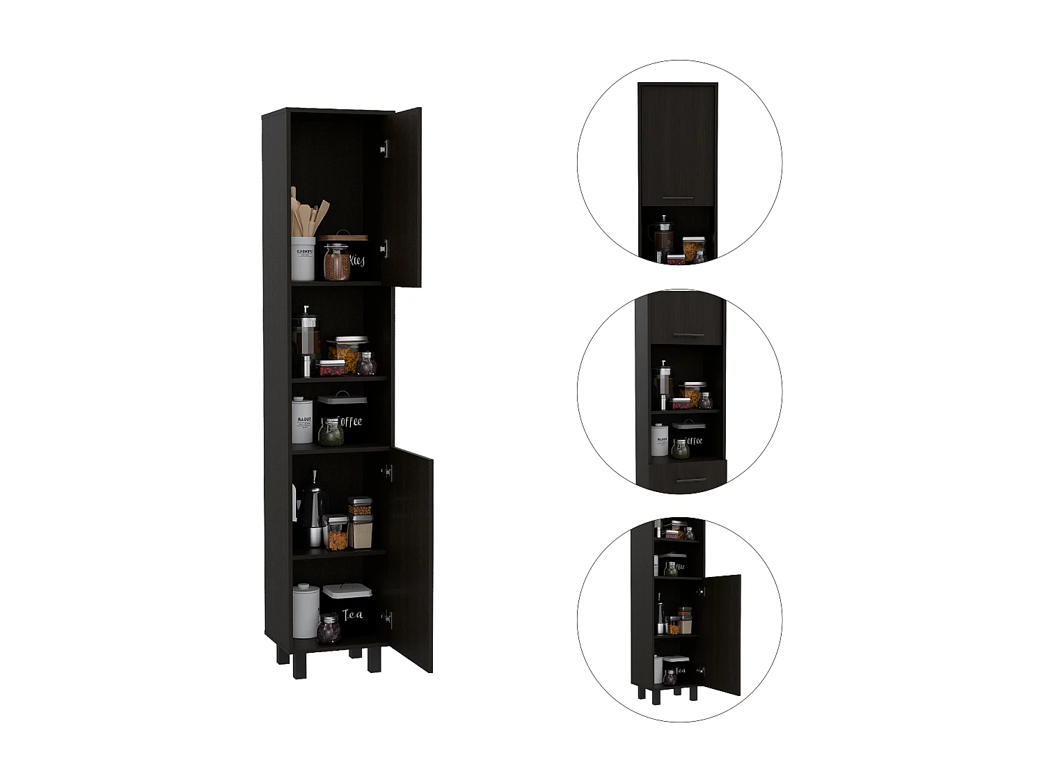 Dispensa da cucina Hobart in melamina con 2 ante e 5 ripiani , 202 X 40 X 34.5 cm , Nero