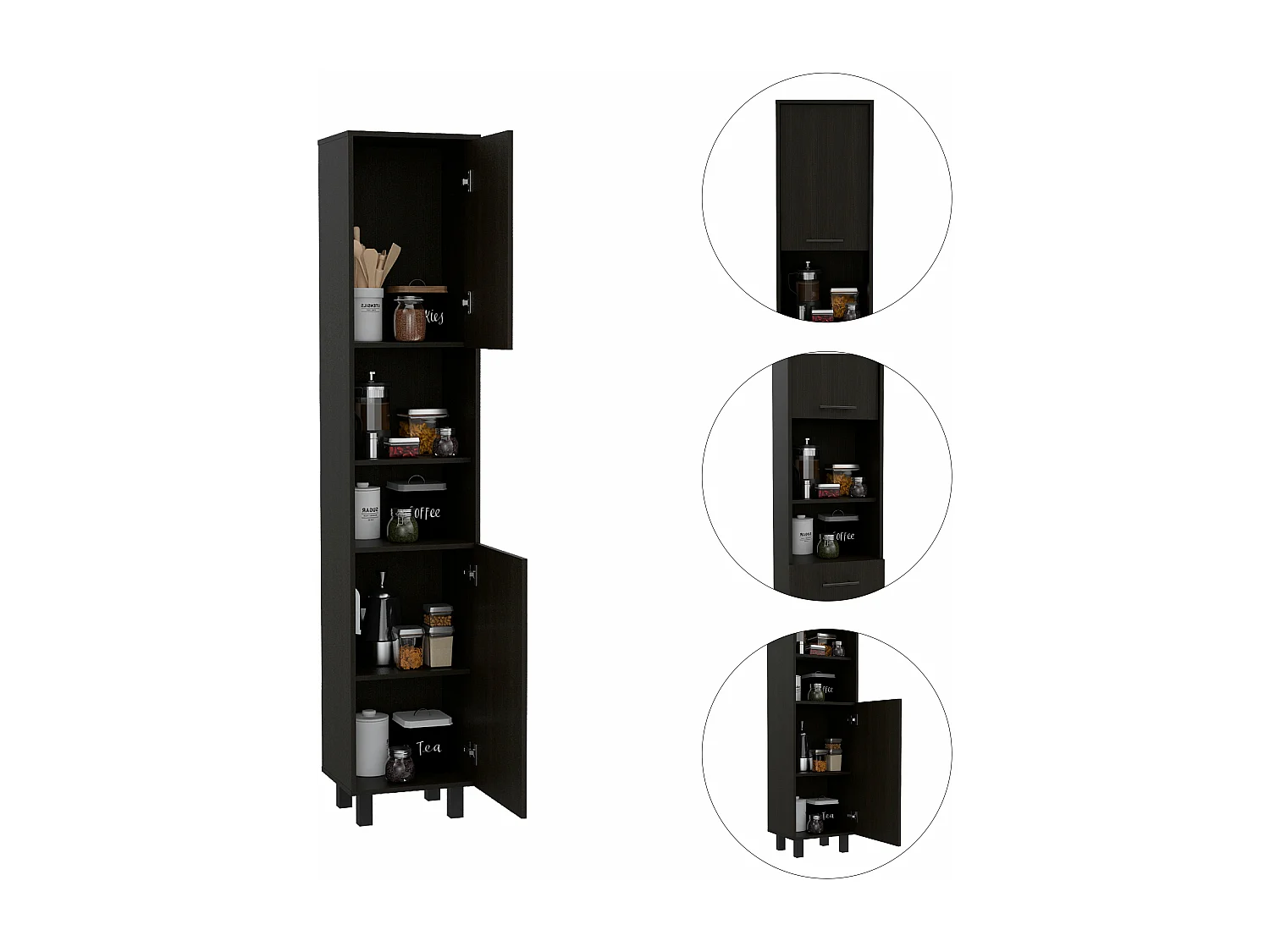 Garde-manger Hobart en mélamine avec 2 portes et 5 étagères , 202 X 40 X 34.5 cm , Noir