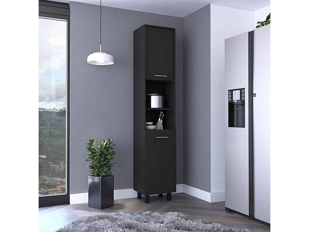 Dispensa da cucina Hobart in melamina con 2 ante e 5 ripiani , 202 X 40 X 34.5 cm , Nero