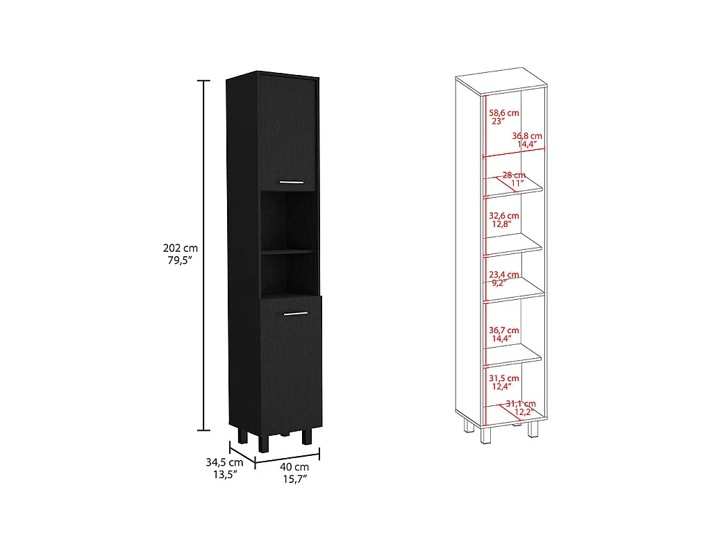 Dispensa da cucina Hobart in melamina con 2 ante e 5 ripiani , 202 X 40 X 34.5 cm , Nero