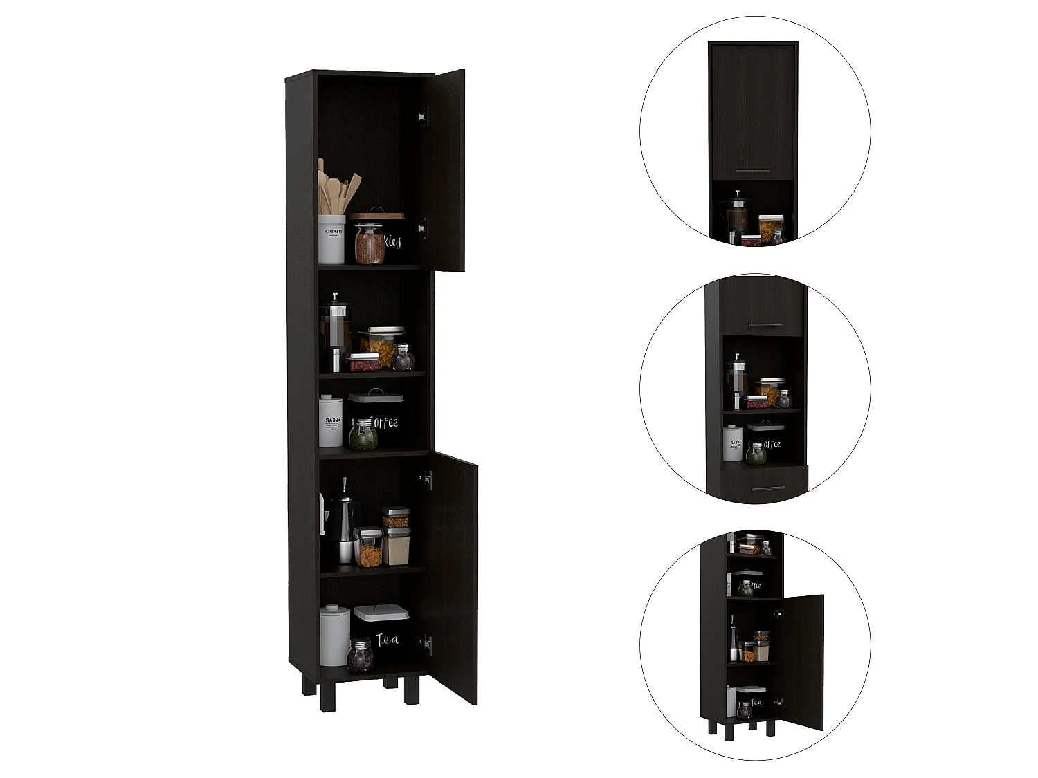 Dispensa da cucina Hobart in melamina con 2 ante e 5 ripiani , 202 X 40 X 34.5 cm , Nero
