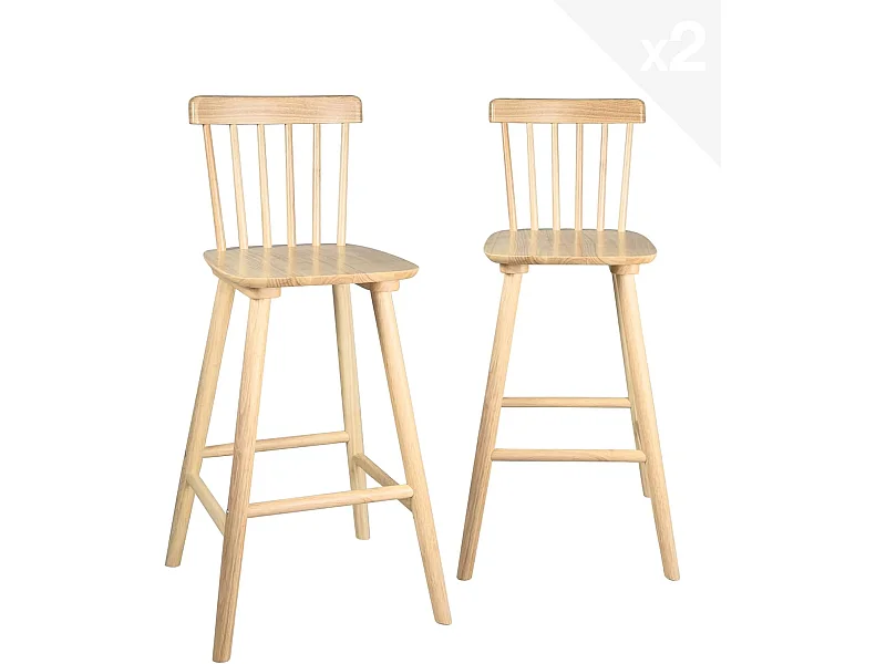 Set van 2 barstoelen retro vintage massief hout rugleuning met spijlen hoogte 66cm ATIA (Licht hout)