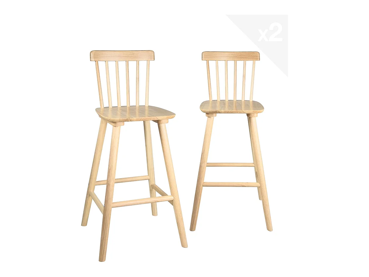 Lot 2 chaises bar rétro vintage bois massif dossier à barreaux hauteur 66cm  ATIA (Bois clair)