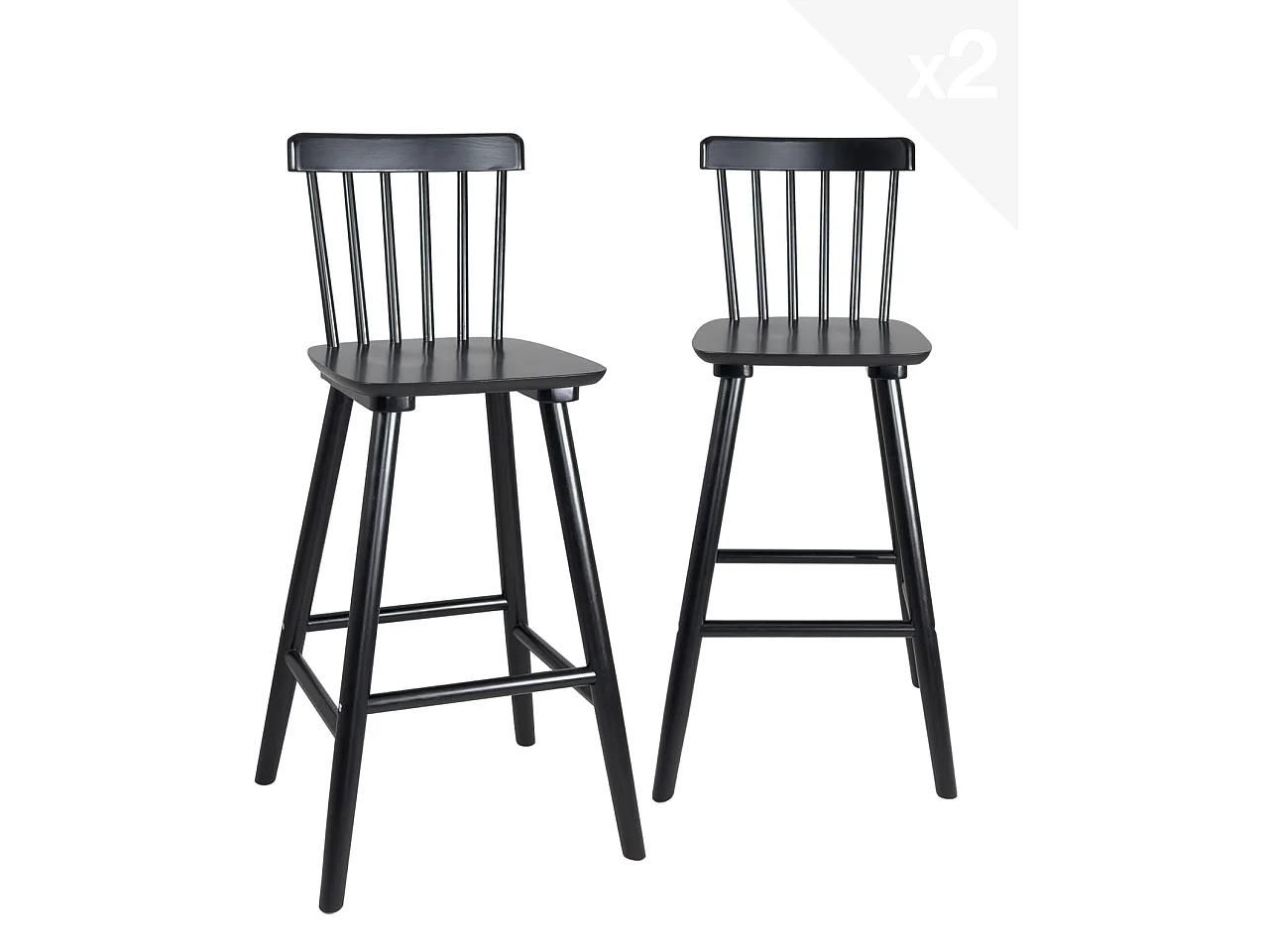 Lot de 2 chaises bar rétro vintage bois massif dossier à barreaux hauteur 66cm ATIA (noir)