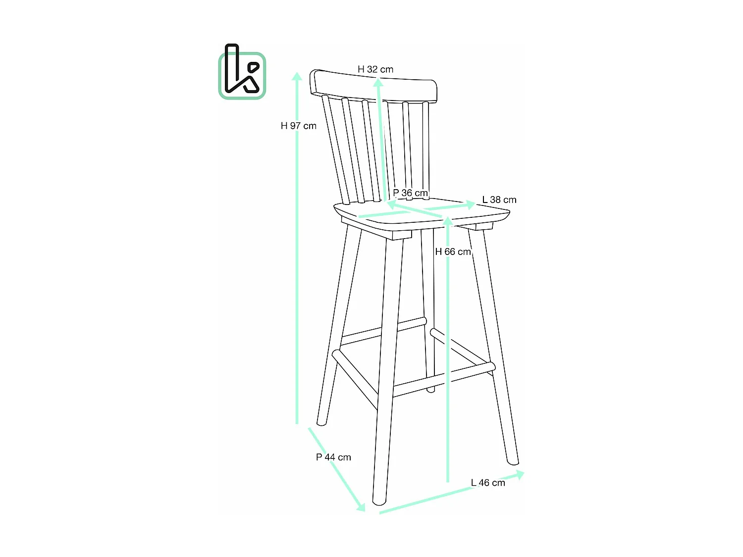 Lot de 2 chaises bar rétro vintage bois massif dossier à barreaux hauteur 66cm ATIA (noir)