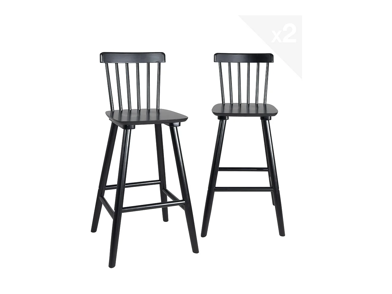 Lot 2 chaises de bar rétro vintage bois massif dossier à barreaux hauteur 66cm  ATIA (Noir)