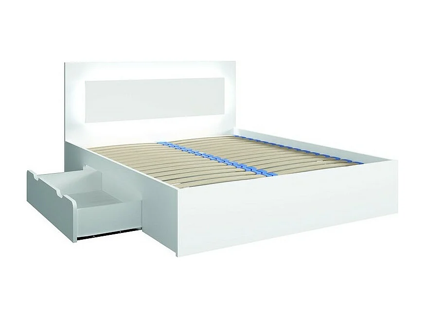 Ensemble chambre NOFI - Lit 180x200 cm avec sommier, 2 tiroirs, chevets, armoire et commode - blanc