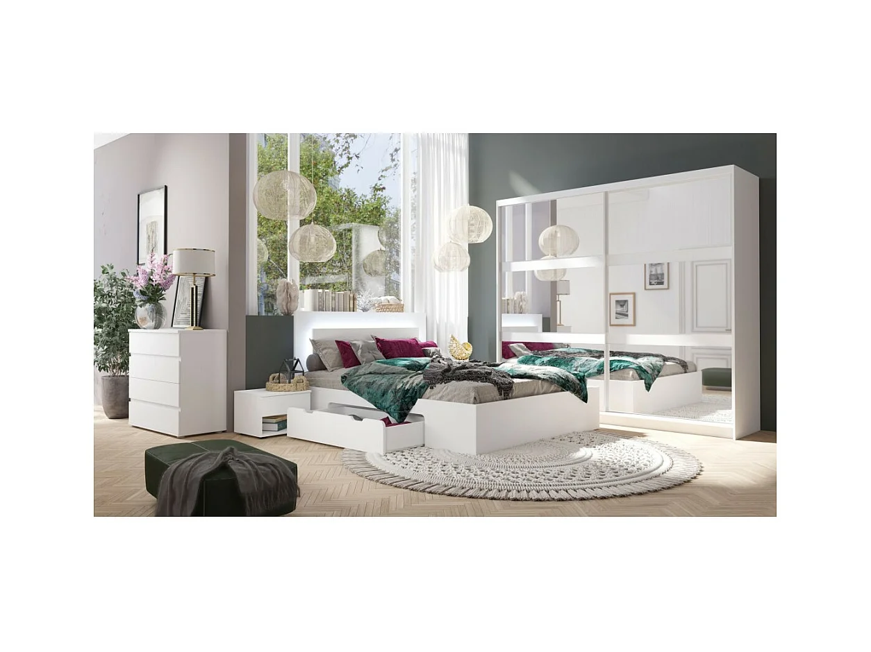 Ensemble chambre NOFI - Lit 160x200 cm avec sommier, 2 tiroirs, chevets, armoire et commode - blanc