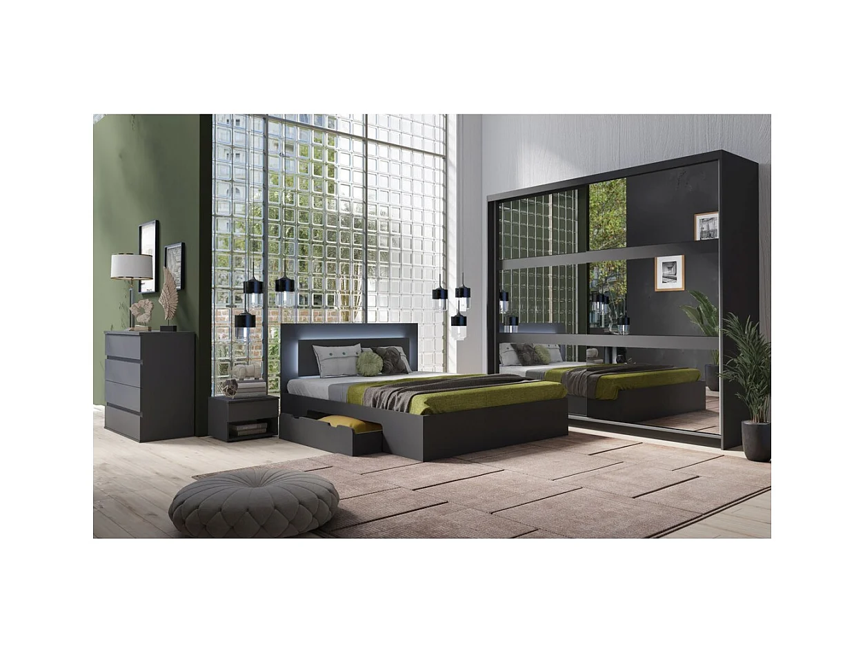 Ensemble chambre NOFI - Lit 140x200 cm avec sommier, 2 tiroirs, chevets, armoire et commode - gris graphite