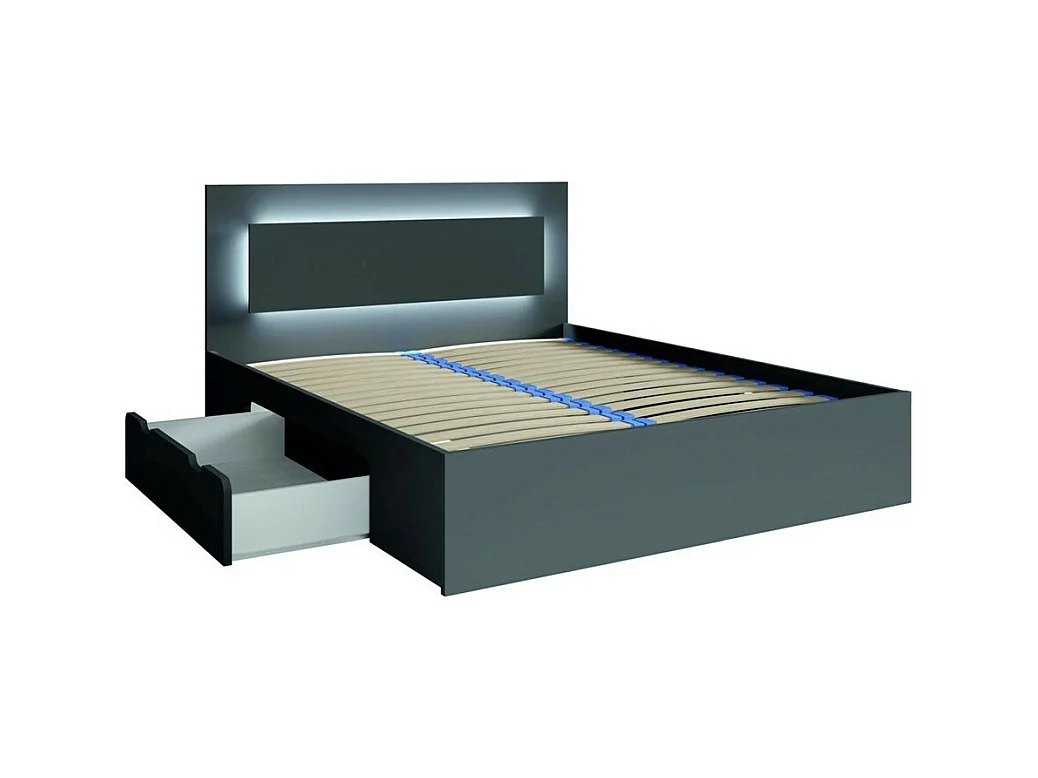 Ensemble chambre NOFI - Lit 140x200 cm avec sommier, 2 tiroirs, chevets, armoire et commode - gris graphite