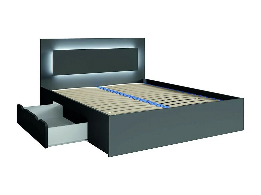Ensemble chambre NOFI - Lit 140x200 cm avec sommier, 2 tiroirs, chevets, armoire et commode - gris graphite