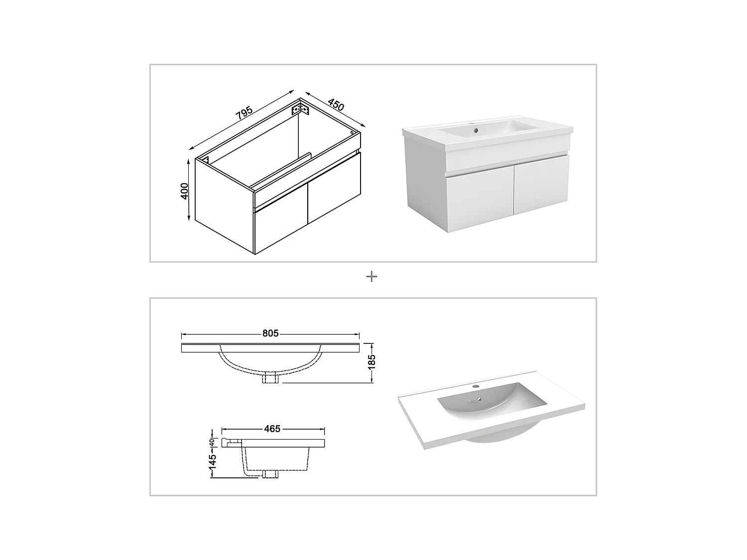 Ensemble meuble Salle de Bain 80cm avec colonne + miroir lumineux 3 couleurs blanc