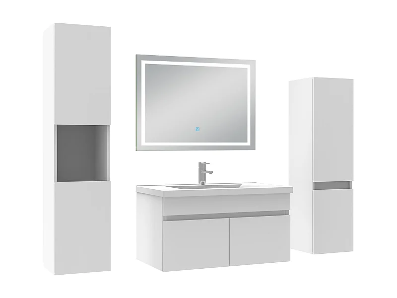 Ensemble meuble Salle de Bain 80cm avec colonne + miroir lumineux 3 couleurs blanc