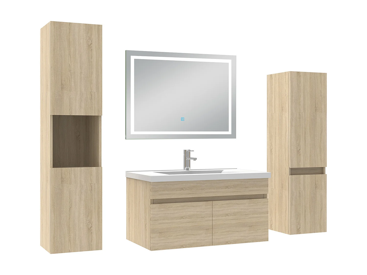 Ensemble meuble Salle de Bain 80cm avec colonne + miroir lumineux 3 couleurs Chêne Wotan