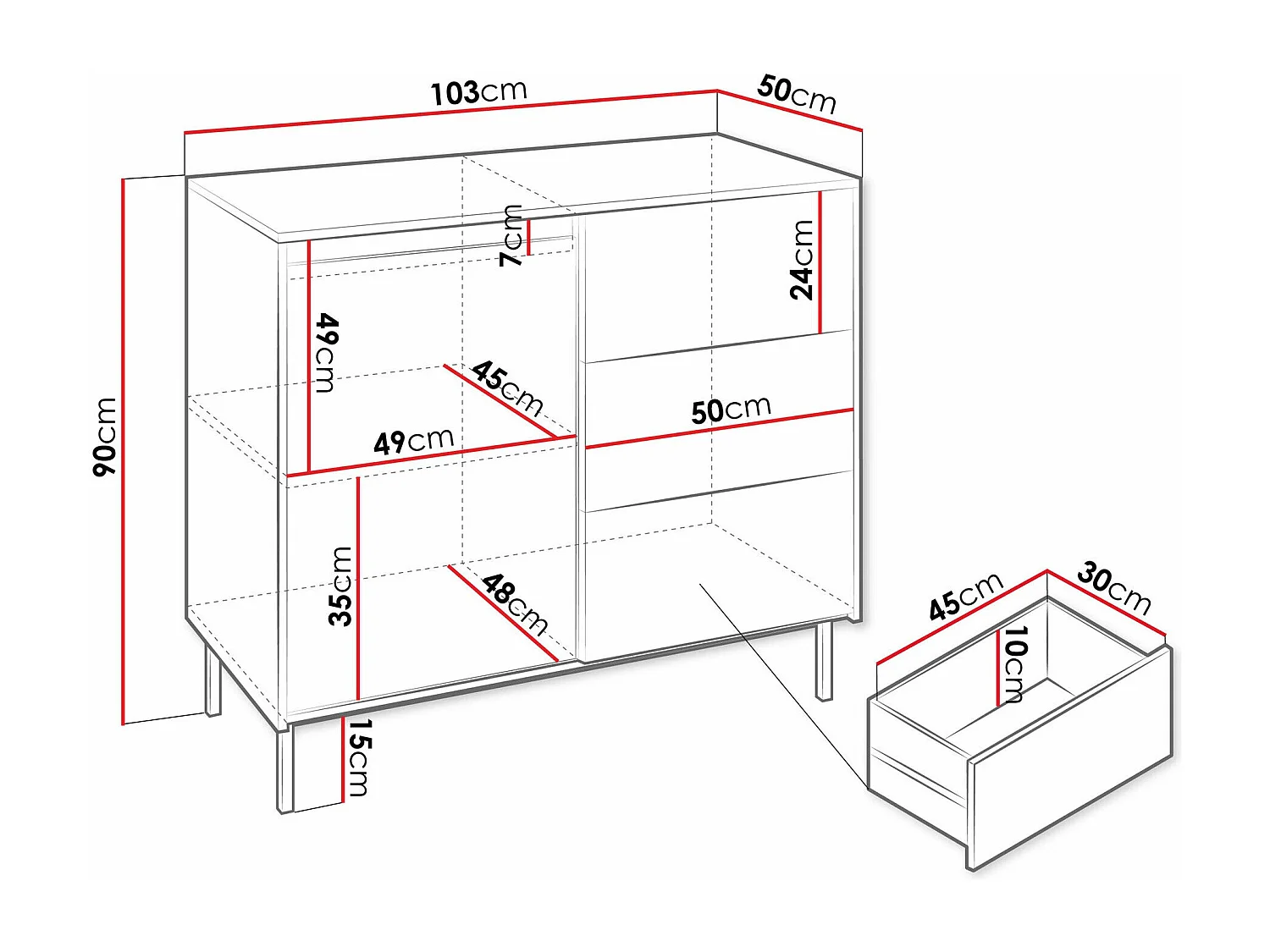 Cómoda Comfivo Delruva 100, Com gavetas e portas, 9x10x5cm