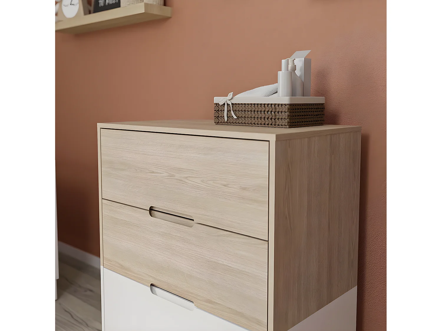 Commode 3 tiroirs  panneaux de fibres blanc et bois DIXIE