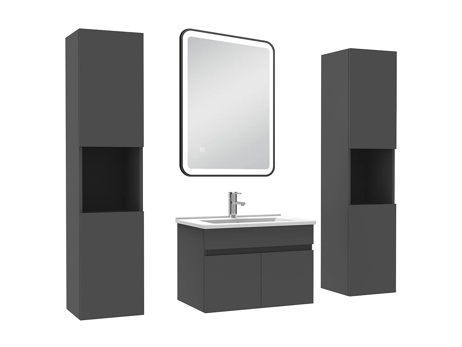 Meuble simple vasque 60cm avec colonne + miroir 3 couleurs + dimmable anthracite