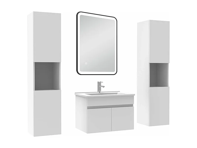 Meuble simple vasque 60cm avec colonne + miroir 3 couleurs + dimmable blanc