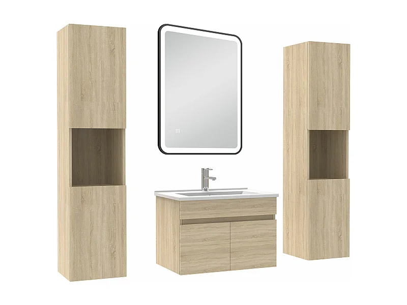 Meuble simple vasque 60cm avec colonne + miroir 3 couleurs + dimmable chêne wotan