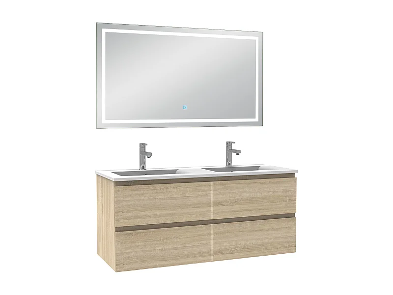 Ensemble meuble Salle de Bain 120cm Chêne Wotan double vasque et miroir lumineux 3 couleurs et dimmable