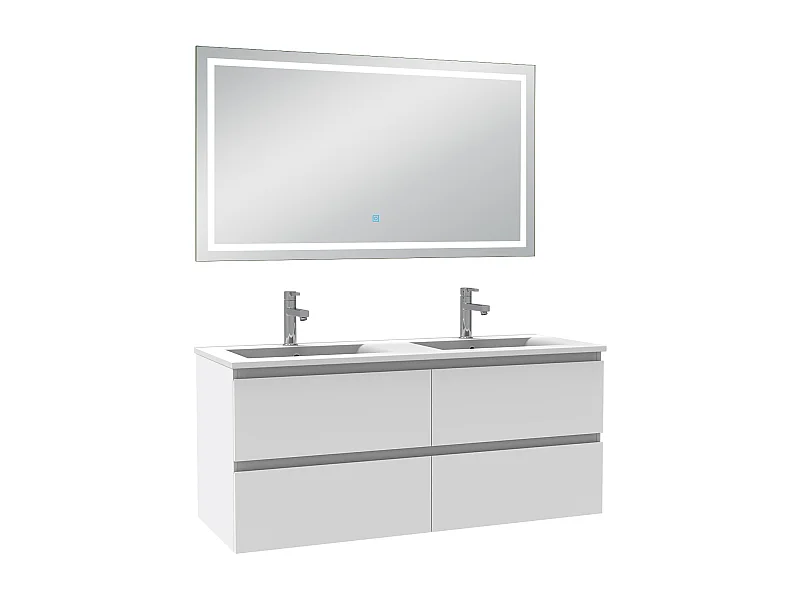 Ensemble meuble Salle de Bain 120cm Blanc double vasque et miroir lumineux 3 couleurs et dimmable