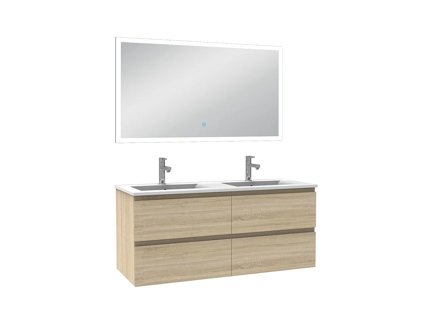 Ensemble meuble Salle de Bain 120cm double vasque et miroir lumineux 3 couleurs et dimmable chêne wotan