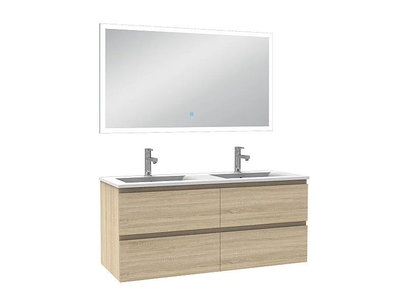 Ensemble meuble Salle de Bain 120cm double vasque et miroir lumineux 3 couleurs et dimmable chêne wotan