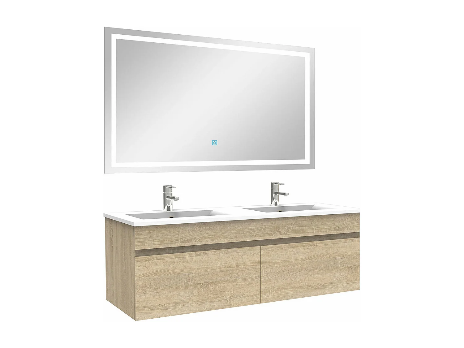 Ensemble meuble Salle de Bain 120cm Chêne Wotan double vasque + miroir lumineux 3 couleurs + dimmable