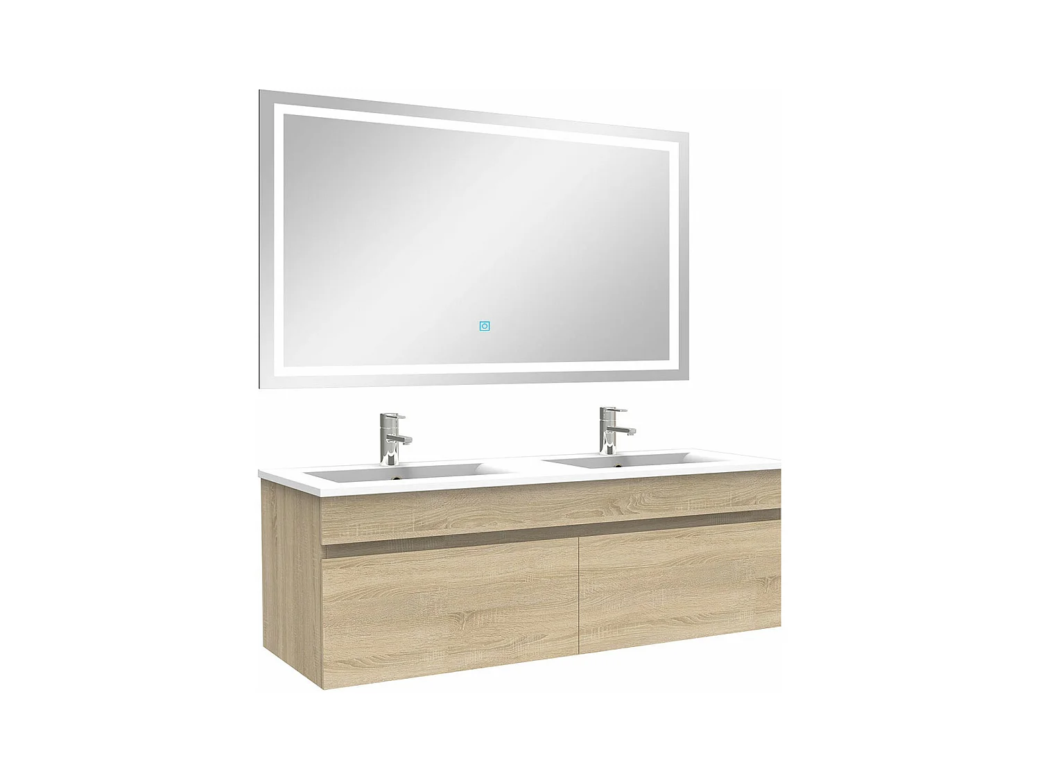 Ensemble meuble Salle de Bain 120cm Chêne Wotan double vasque + miroir lumineux 3 couleurs + dimmable