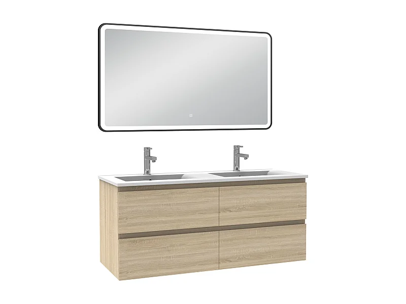 Meuble Salle de Bain 120cm Chêne Wotan double vasque + miroir lumineux 3 couleurs + dimmable