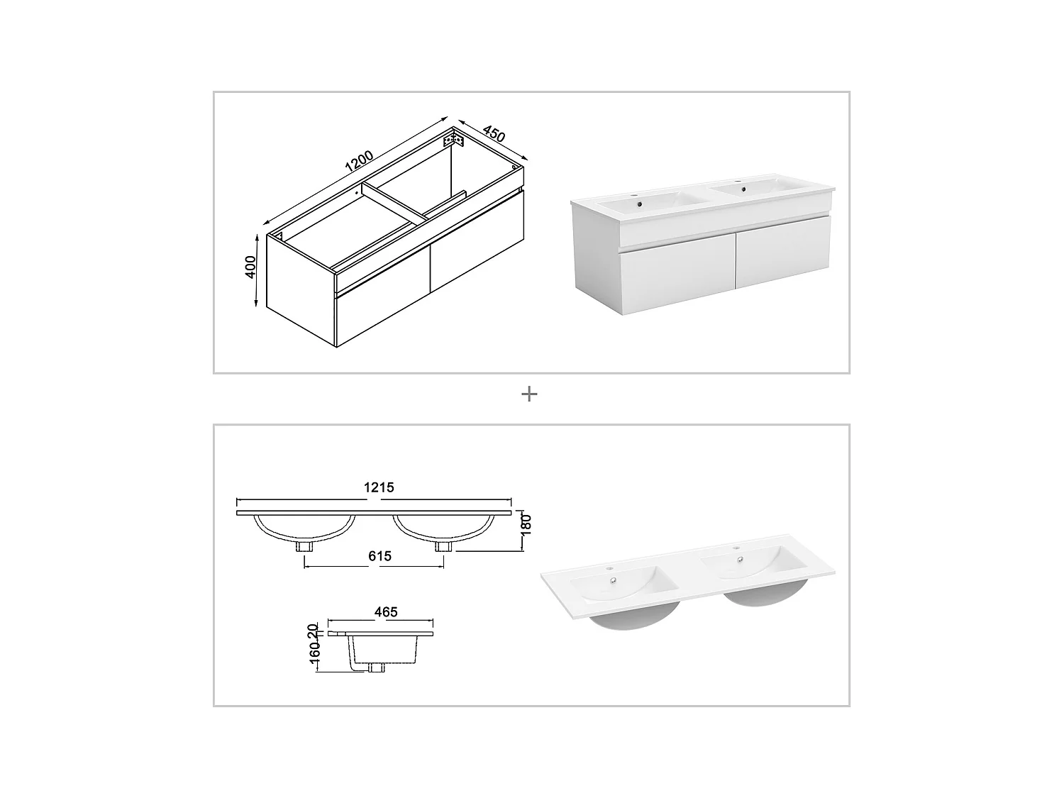 Ensemble meuble Salle de Bain 120cm Blanc double vasque + miroir lumineux 3 couleurs + dimmable