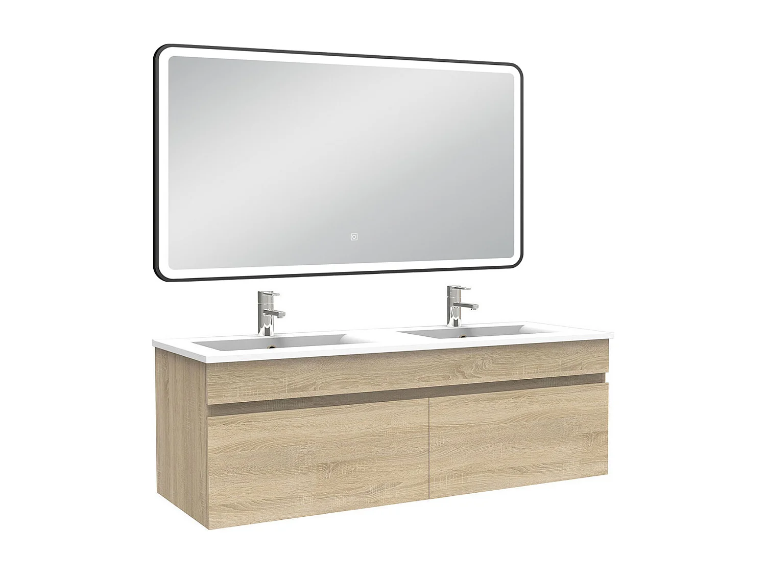 Meuble double vasque 120cm avec miroir 3 couleurs + dimmable chêne wotan