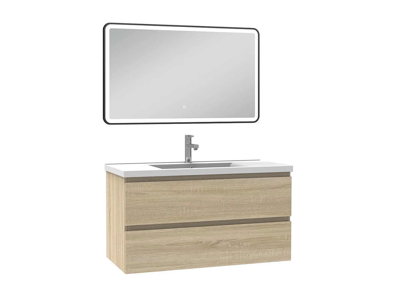 Meuble Salle de Bain 100cm Chêne Wotan simple vasque + miroir lumineux 3 couleurs + dimmable