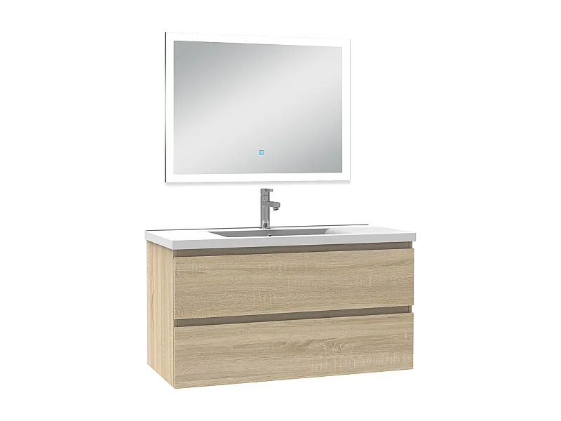 Ensemble meuble Salle de Bain 100cm simple vasque et miroir lumineux 3 couleurs et dimmable chêne wotan