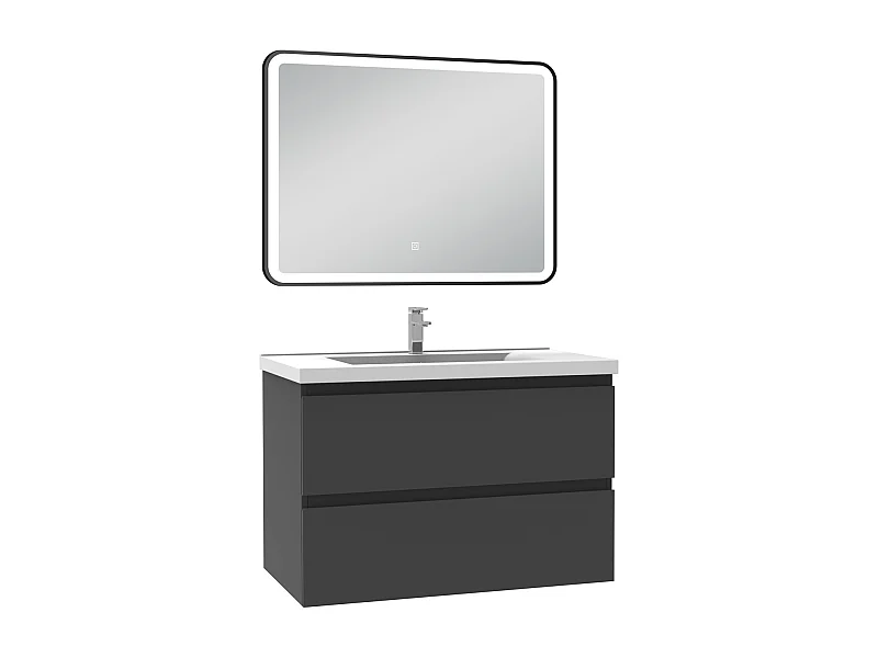 Meuble Salle de Bain 80cm Anthracite simple vasque + miroir lumineux 3 couleurs + dimmable