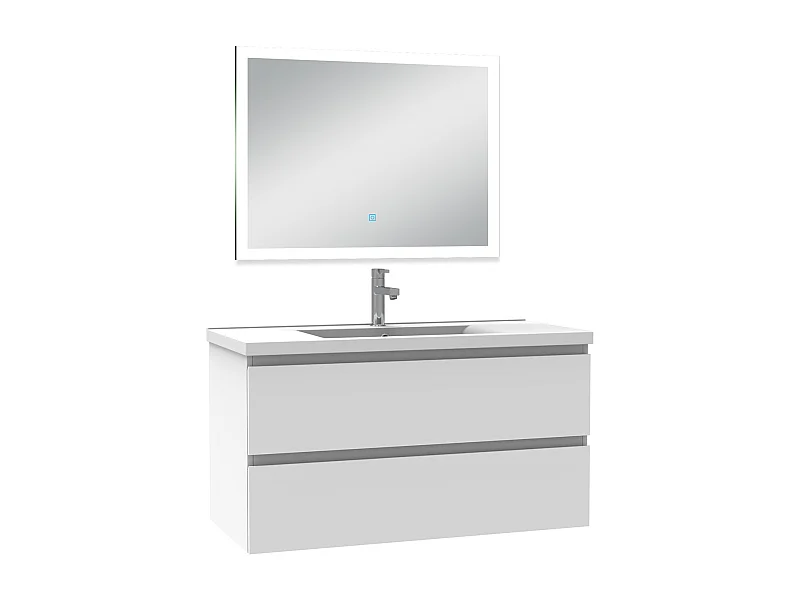 Ensemble meuble Salle de Bain 100cm simple vasque et miroir lumineux 3 couleurs et dimmable blanc