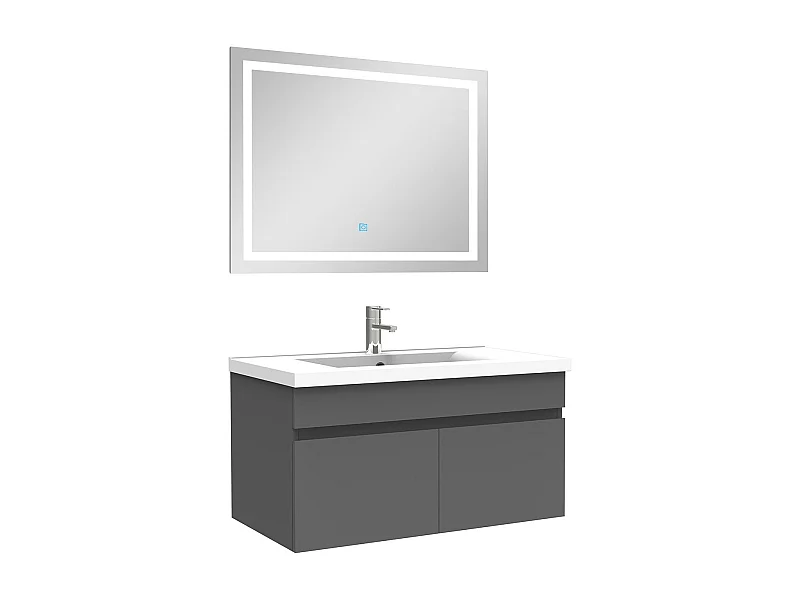 Ensemble meuble Salle de Bain 80cm Anthracite simple vasque + miroir lumineux 3 couleurs + dimmable