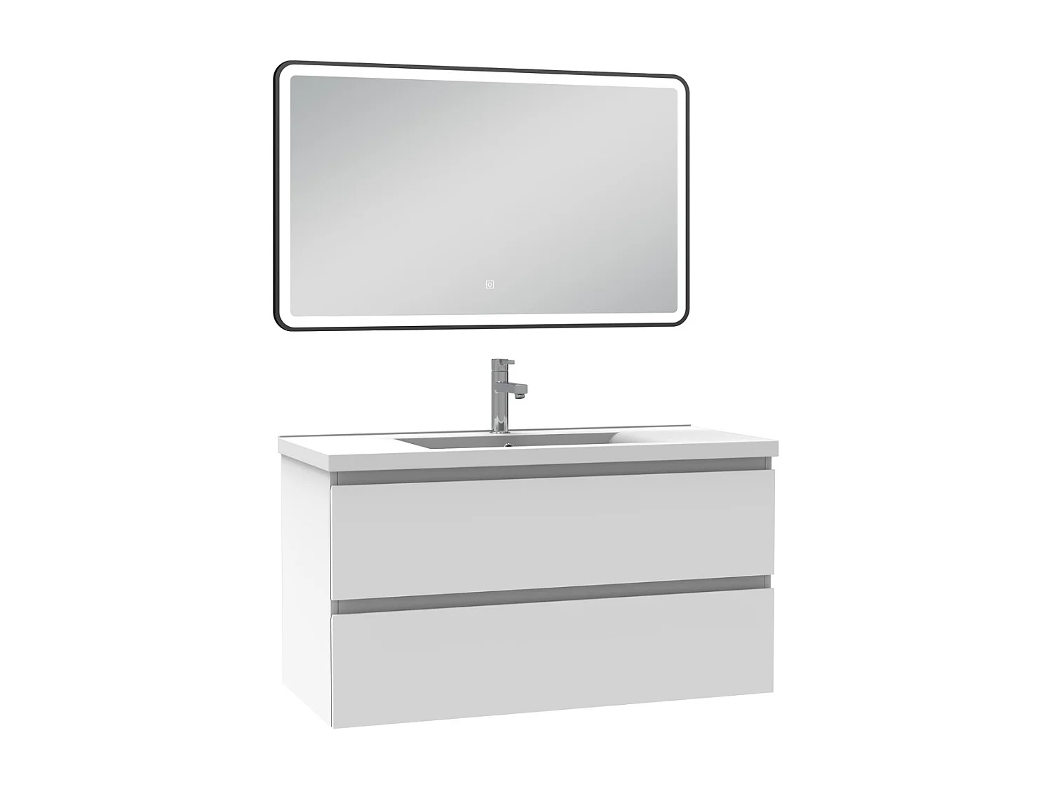 Meuble Salle de Bain 100cm Blanc simple vasque + miroir lumineux 3 couleurs + dimmable