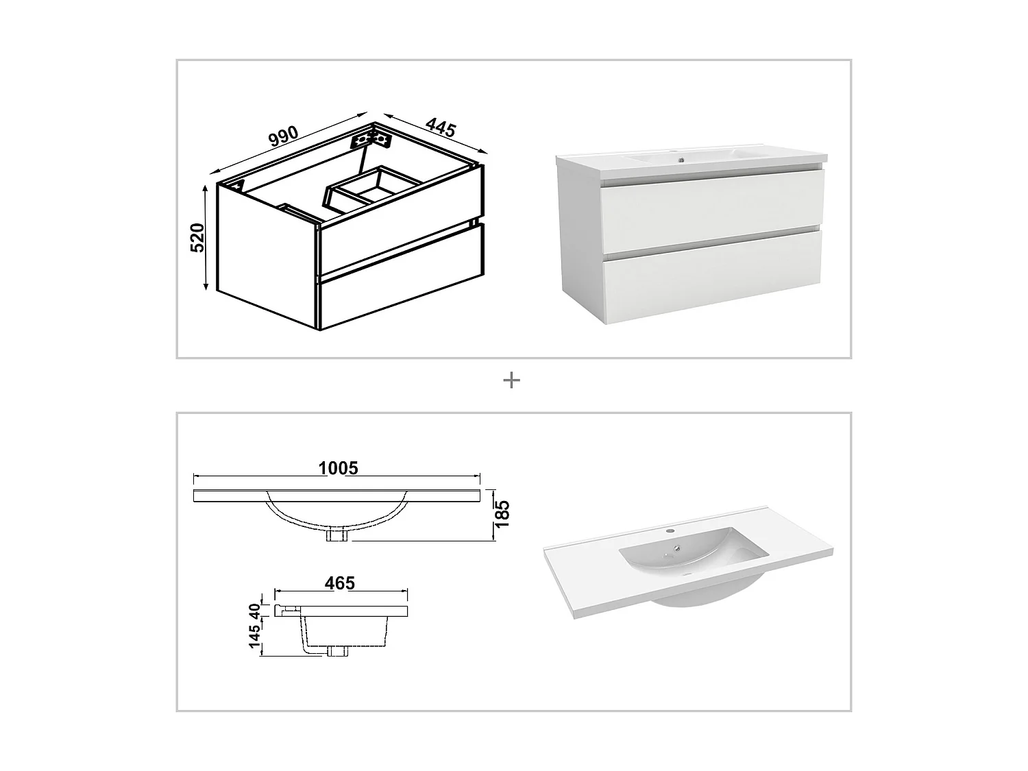 Meuble Salle de Bain 100cm Blanc simple vasque + miroir lumineux 3 couleurs + dimmable