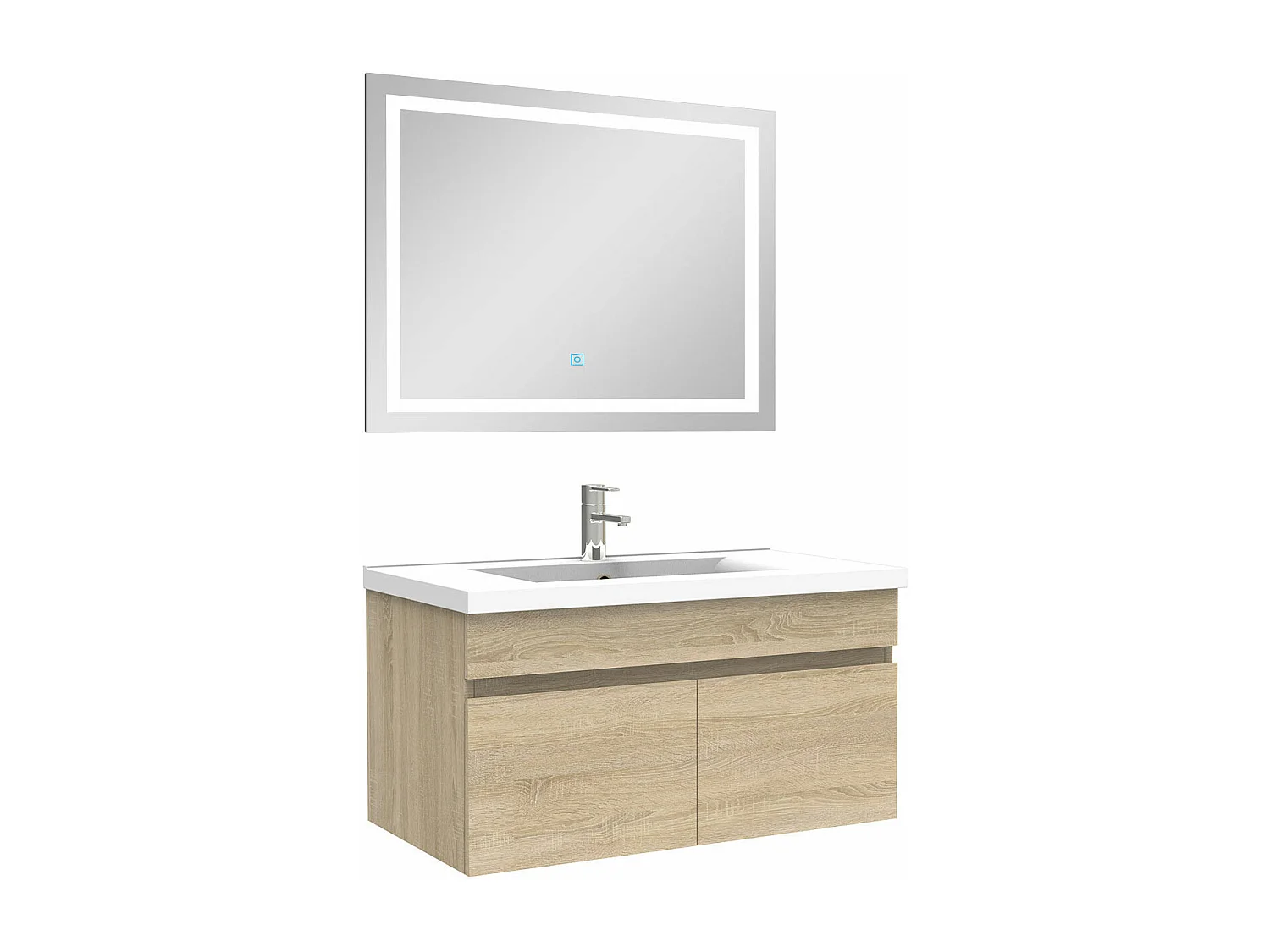 Ensemble meuble Salle de Bain 80cm Chêne Wotan simple vasque + miroir lumineux 3 couleurs + dimmable