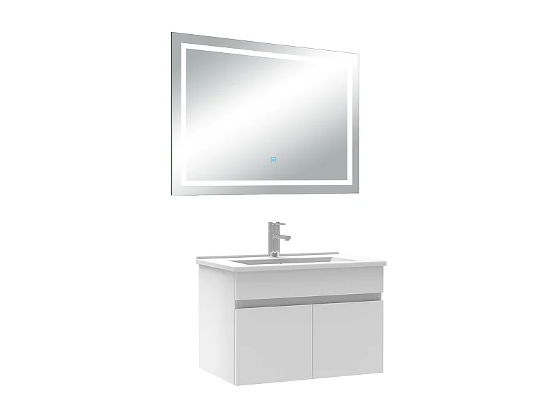Ensemble meuble Salle de Bain 60cm Blanc simple vasque + miroir lumineux 3 couleurs + dimmable
